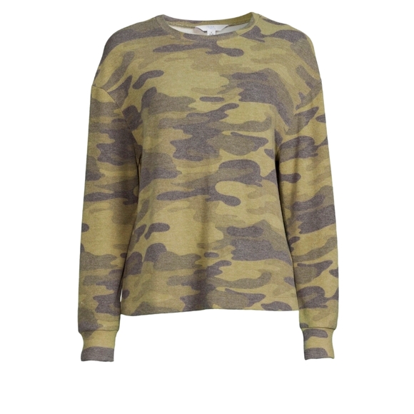Time and Tru NWT Women's Relaxed Fit Long Sleeve Hacci Crew Neck Camo Top 892 - Picture 1 of 7
